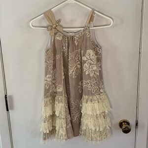 Isobella & Chloe taupe dress with cream embroidery, polka dot tulle ruffle Sz 8